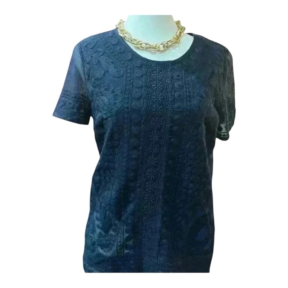 Lauren Ralph Lauren Petite Small Navy Top Short Sleeve lace Office Casual